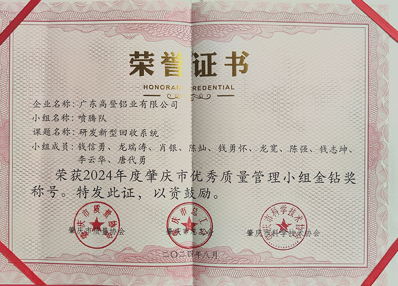 荣获2024年度肇庆市优秀质量管小组金钻奖称号。特发此证,以资鼓励
